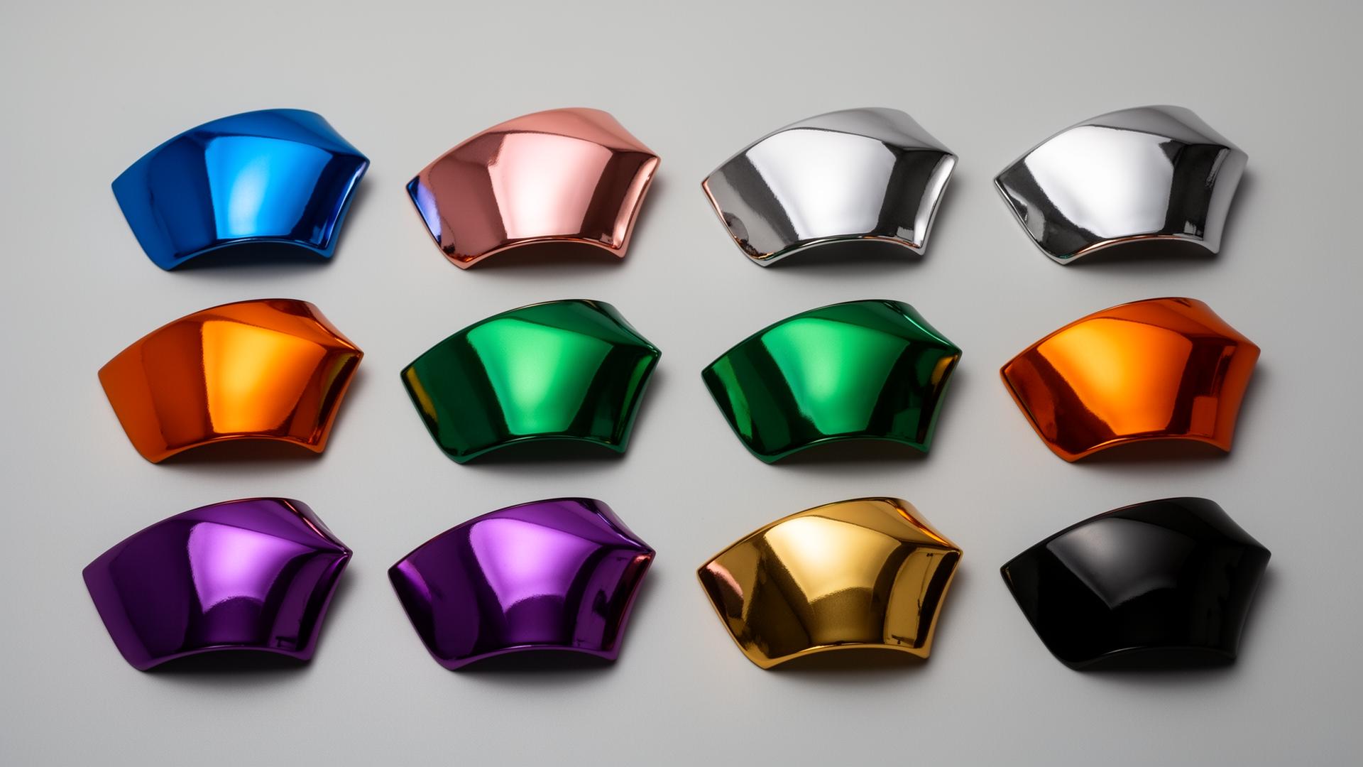 Spectra Chrome sample panels in blue, rose gold, silver, orange, emerald green, purple, gold and black mirror finishes